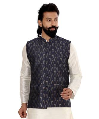 Men Blue Jacquard Silk Nehru Jacket with Plain White Dupion Silk Kurta Churidar 6
