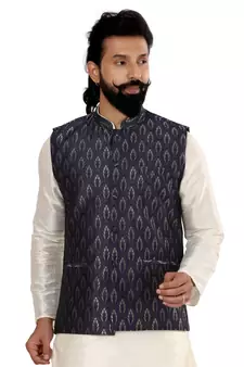 Men Blue Jacquard Silk Nehru Jacket with Plain White Dupion Silk Kurta Churidar