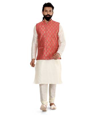 Men Red Jacquard Silk Nehru Jacket with Plain White Dupion Silk Kurta Churidar 2