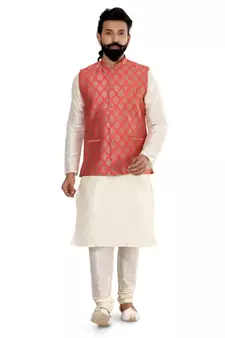 Men Red Jacquard Silk Nehru Jacket with Plain White Dupion Silk Kurta Churidar
