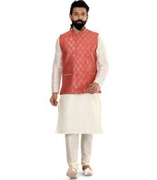 Men Red Jacquard Silk Nehru Jacket with Plain White Dupion Silk Kurta Churidar