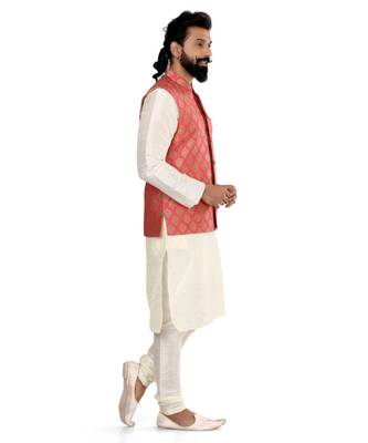Men Red Jacquard Silk Nehru Jacket with Plain White Dupion Silk Kurta Churidar 3