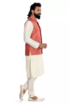 Men Red Jacquard Silk Nehru Jacket with Plain White Dupion Silk Kurta Churidar
