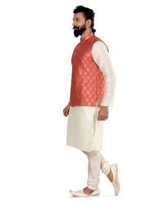 Men Red Jacquard Silk Nehru Jacket with Plain White Dupion Silk Kurta Churidar 4