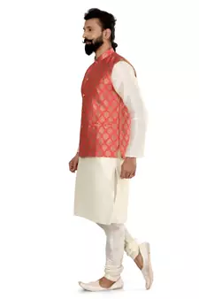 Men Red Jacquard Silk Nehru Jacket with Plain White Dupion Silk Kurta Churidar