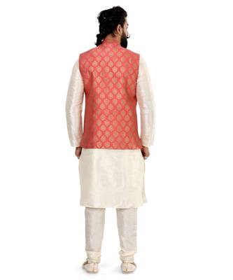 Men Red Jacquard Silk Nehru Jacket with Plain White Dupion Silk Kurta Churidar 5