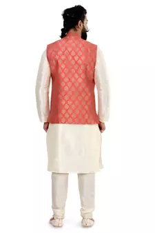 Men Red Jacquard Silk Nehru Jacket with Plain White Dupion Silk Kurta Churidar