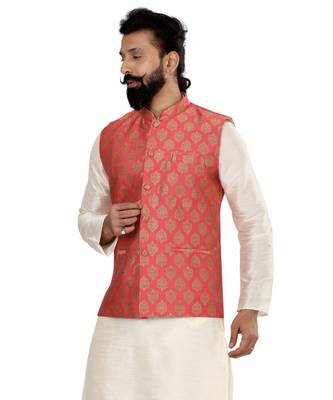 Men Red Jacquard Silk Nehru Jacket with Plain White Dupion Silk Kurta Churidar 6