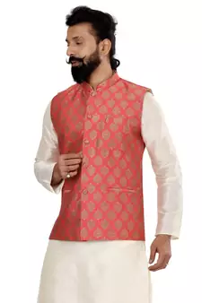 Men Red Jacquard Silk Nehru Jacket with Plain White Dupion Silk Kurta Churidar