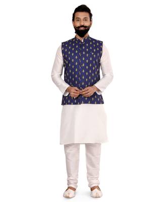 Men Blue Cotton Nehru Jacket with Plain White Dupion Silk Kurta Churidar 2