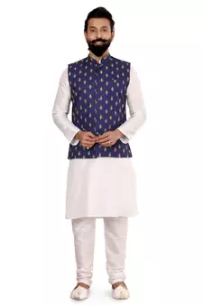 Men Blue Cotton Nehru Jacket with Plain White Dupion Silk Kurta Churidar