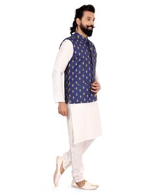 Men Blue Cotton Nehru Jacket with Plain White Dupion Silk Kurta Churidar 3