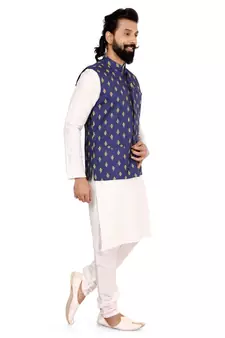 Men Blue Cotton Nehru Jacket with Plain White Dupion Silk Kurta Churidar