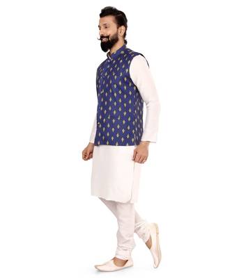Men Blue Cotton Nehru Jacket with Plain White Dupion Silk Kurta Churidar 4