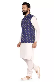 Men Blue Cotton Nehru Jacket with Plain White Dupion Silk Kurta Churidar