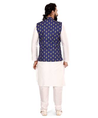 Men Blue Cotton Nehru Jacket with Plain White Dupion Silk Kurta Churidar 5