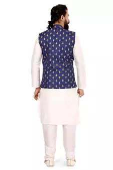 Men Blue Cotton Nehru Jacket with Plain White Dupion Silk Kurta Churidar