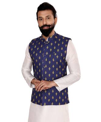 Men Blue Cotton Nehru Jacket with Plain White Dupion Silk Kurta Churidar 6