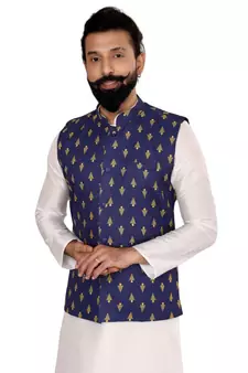Men Blue Cotton Nehru Jacket with Plain White Dupion Silk Kurta Churidar