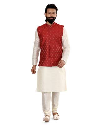 Men Red Cotton Nehru Jacket with Plain White Dupion Silk Kurta Churidar 2