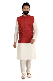 Men Red Cotton Nehru Jacket with Plain White Dupion Silk Kurta Churidar