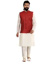 Men Red Cotton Nehru Jacket with Plain White Dupion Silk Kurta Churidar