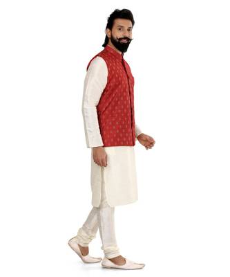 Men Red Cotton Nehru Jacket with Plain White Dupion Silk Kurta Churidar 3