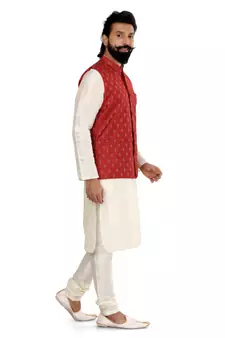 Men Red Cotton Nehru Jacket with Plain White Dupion Silk Kurta Churidar