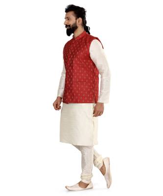 Men Red Cotton Nehru Jacket with Plain White Dupion Silk Kurta Churidar 4