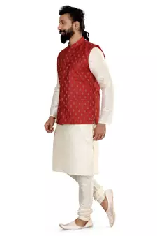 Men Red Cotton Nehru Jacket with Plain White Dupion Silk Kurta Churidar