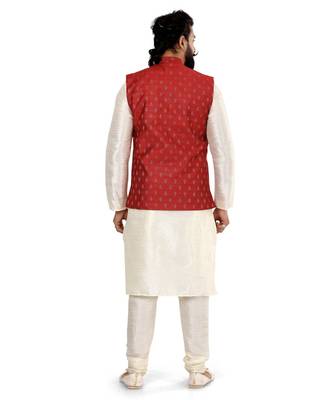 Men Red Cotton Nehru Jacket with Plain White Dupion Silk Kurta Churidar 5