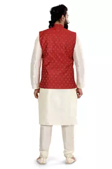 Men Red Cotton Nehru Jacket with Plain White Dupion Silk Kurta Churidar