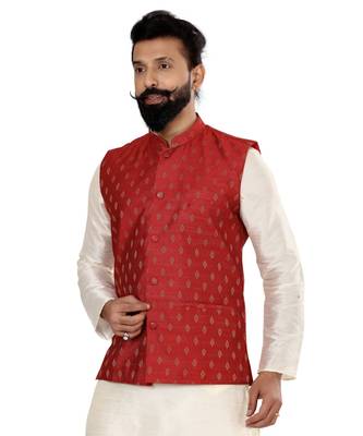 Men Red Cotton Nehru Jacket with Plain White Dupion Silk Kurta Churidar 6