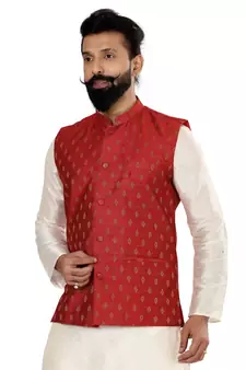 Men Red Cotton Nehru Jacket with Plain White Dupion Silk Kurta Churidar