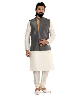 Men Blue Jacquard Silk Nehru Jacket with Plain White Dupion Silk Kurta Churidar 2