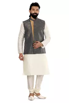 Men Blue Jacquard Silk Nehru Jacket with Plain White Dupion Silk Kurta Churidar