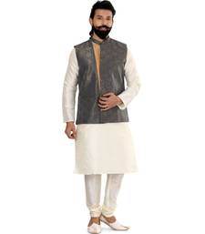 Men Blue Jacquard Silk Nehru Jacket with Plain White Dupion Silk Kurta Churidar