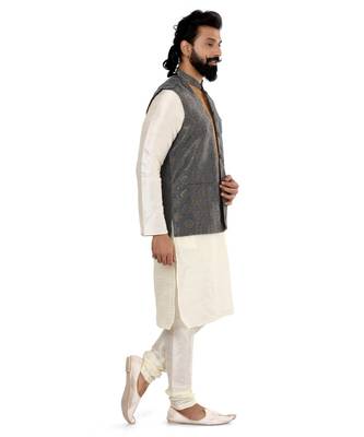 Men Blue Jacquard Silk Nehru Jacket with Plain White Dupion Silk Kurta Churidar 3