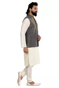 Men Blue Jacquard Silk Nehru Jacket with Plain White Dupion Silk Kurta Churidar