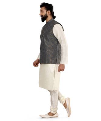 Men Blue Jacquard Silk Nehru Jacket with Plain White Dupion Silk Kurta Churidar 4