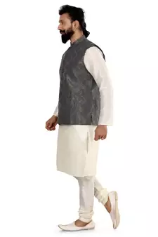 Men Blue Jacquard Silk Nehru Jacket with Plain White Dupion Silk Kurta Churidar