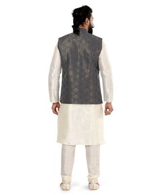 Men Blue Jacquard Silk Nehru Jacket with Plain White Dupion Silk Kurta Churidar 5