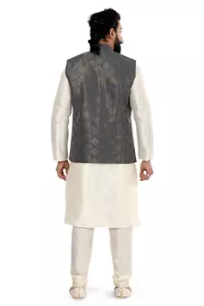 Men Blue Jacquard Silk Nehru Jacket with Plain White Dupion Silk Kurta Churidar