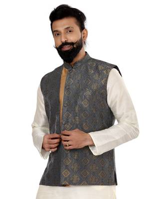 Men Blue Jacquard Silk Nehru Jacket with Plain White Dupion Silk Kurta Churidar 6
