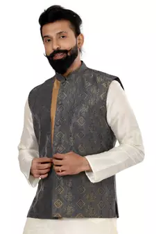 Men Blue Jacquard Silk Nehru Jacket with Plain White Dupion Silk Kurta Churidar