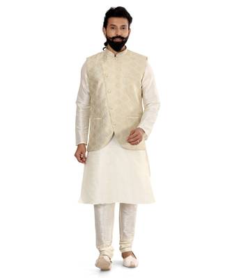 Men Cream Jacquard Silk Nehru Jacket with Plain White Dupion Silk Kurta Churidar 2