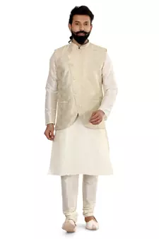 Men Cream Jacquard Silk Nehru Jacket with Plain White Dupion Silk Kurta Churidar