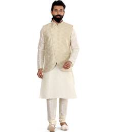 Men Cream Jacquard Silk Nehru Jacket with Plain White Dupion Silk Kurta Churidar