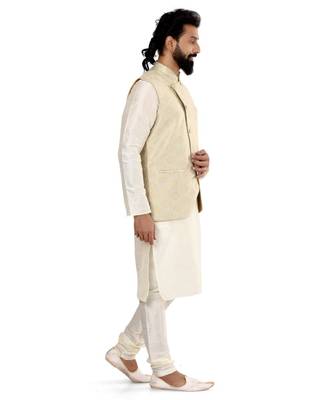 Men Cream Jacquard Silk Nehru Jacket with Plain White Dupion Silk Kurta Churidar 3
