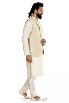 Men Cream Jacquard Silk Nehru Jacket with Plain White Dupion Silk Kurta Churidar